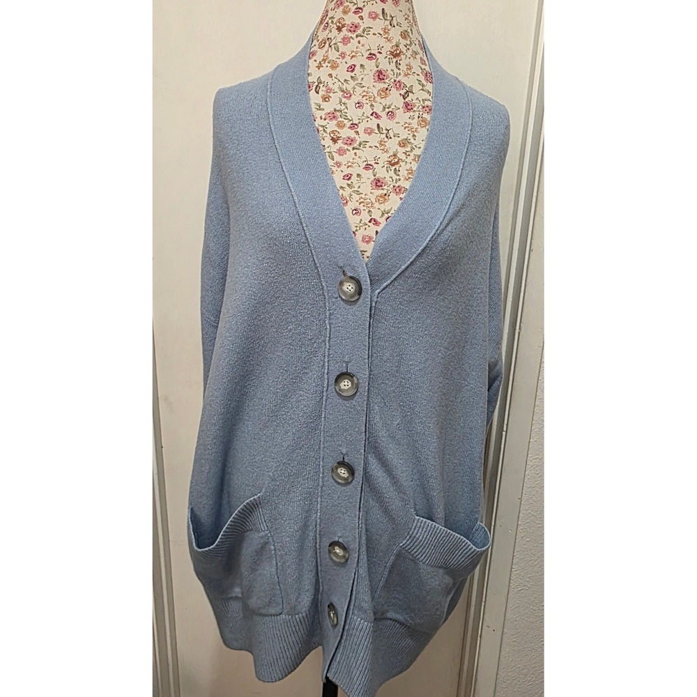 Loft Women Large Blue Button Front Longline Cardigan Sweater Pockets Soft Knit